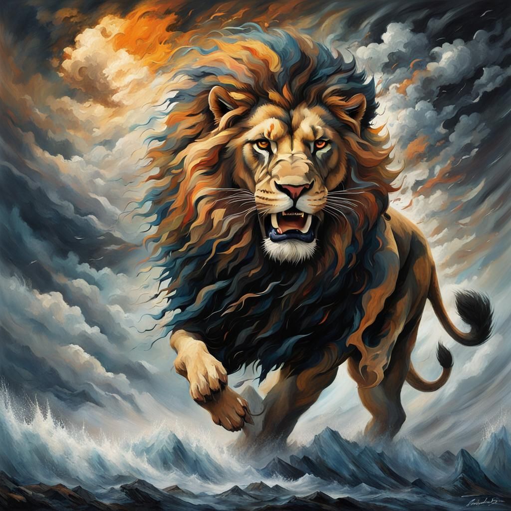 Lion Thunderstorm in Gritty Impasto Collage