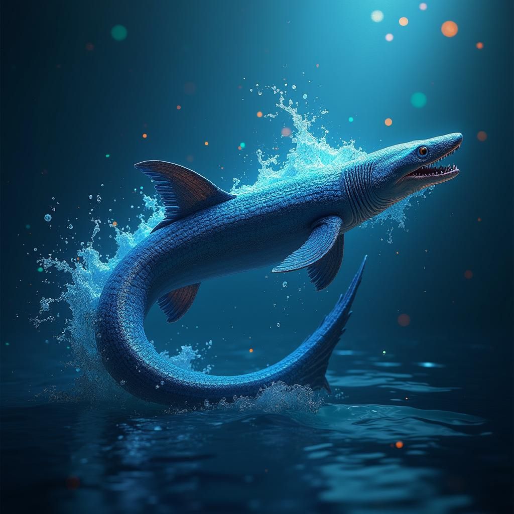 Bioluminescent Eel-Shark Hybrid in a Digital Matte Painting