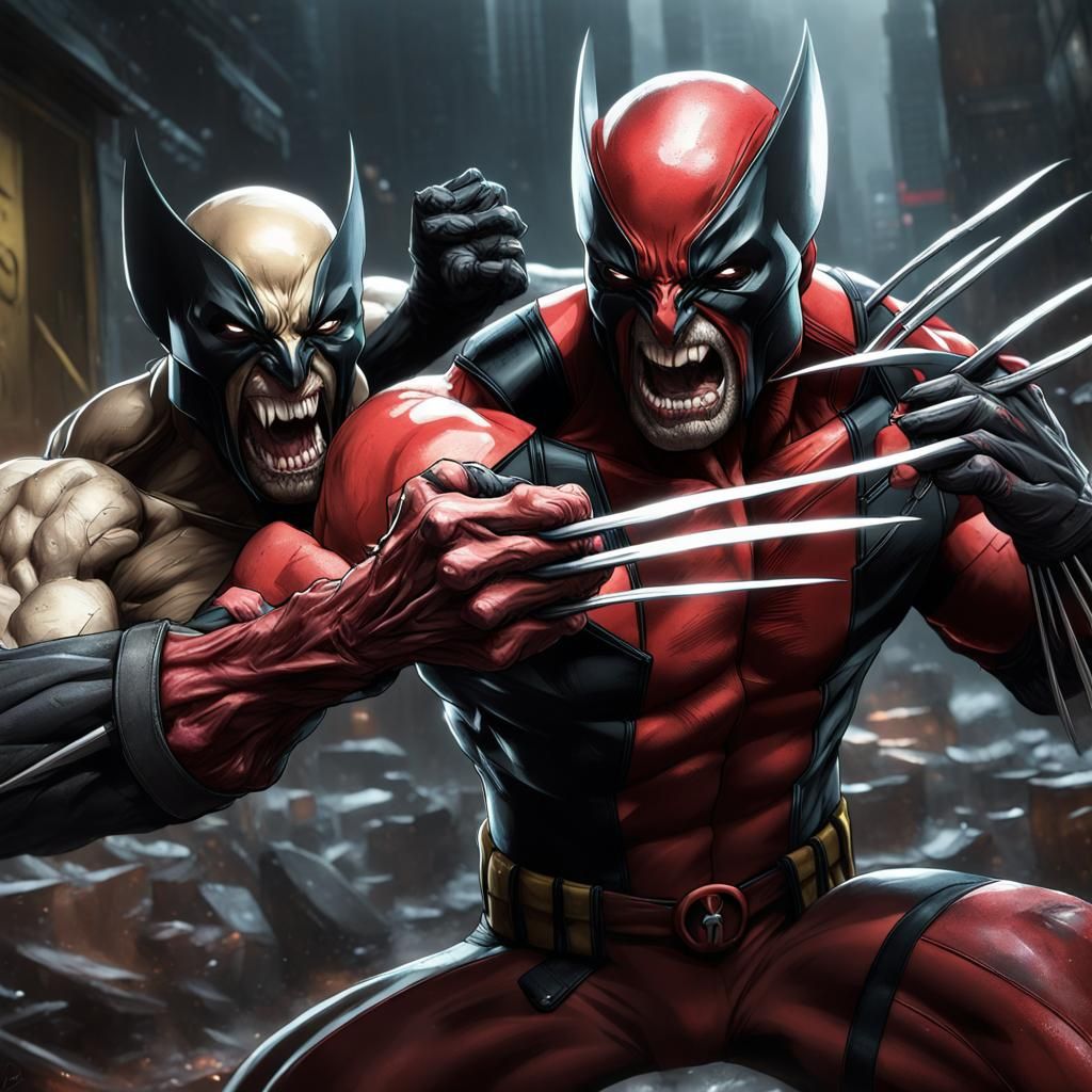 Wolverine Tearing Deadpool, Venom in Dark Fantasy Art