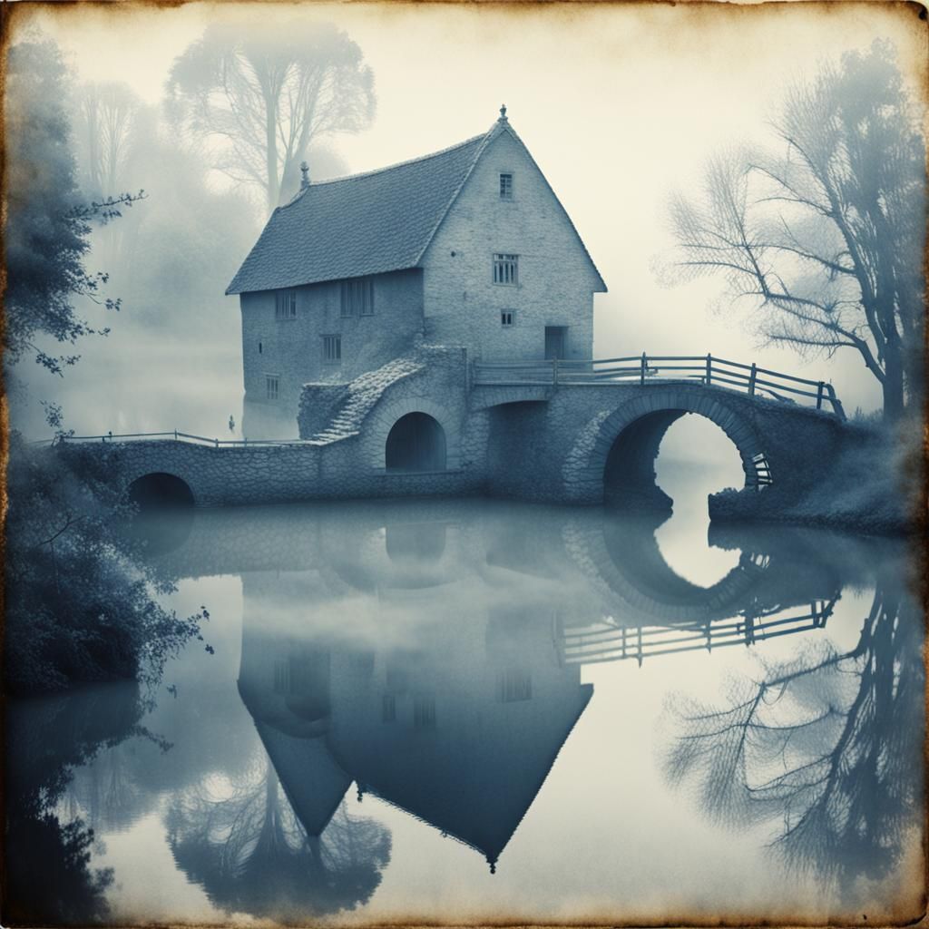 Ethereal Cyanotype Landscape with Medieval Watermill