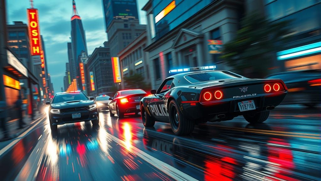High-Speed Police Chase in Neon-Lit Cityscape