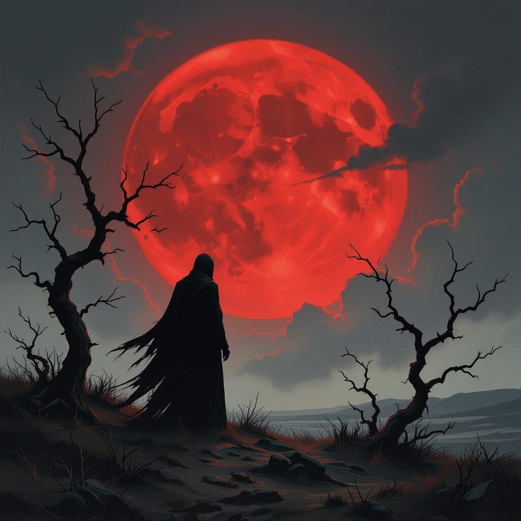 Gothic Horror Figure Under Blood Moon on Desolate Moor