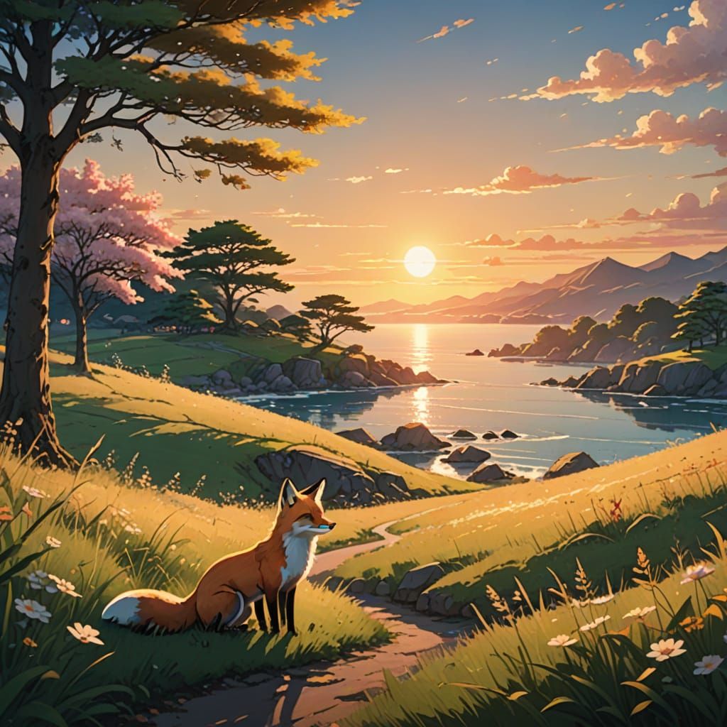 Surreal Sunset Fox Encounter in Soft Watercolor Manga Style