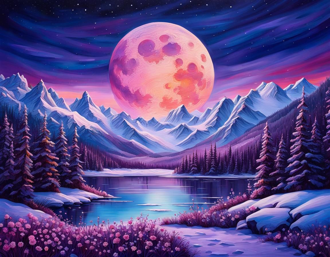Winter Mountain Lake with Purple Sky: Digital Illustration