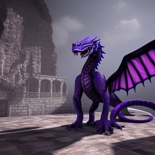 A slightly strange purple dragon on a ruin