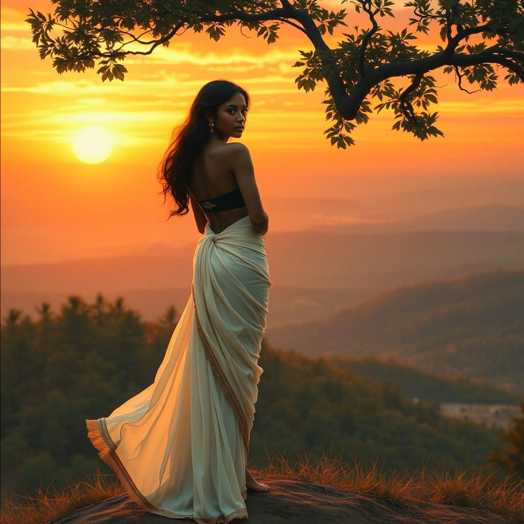 Ethereal East-Indian Goddess Embracing Sunset Glory