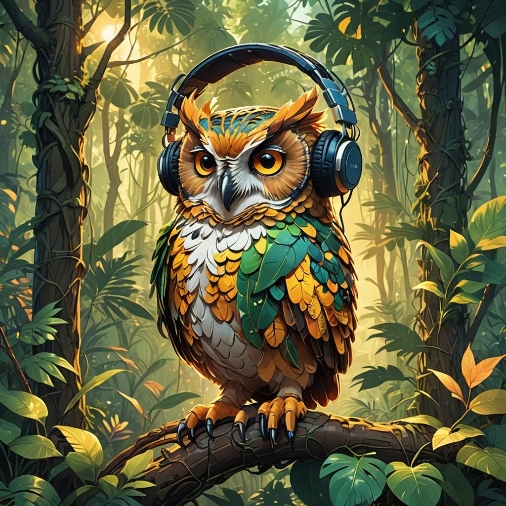 Owl with Headphones in Exotic Anime Jungle