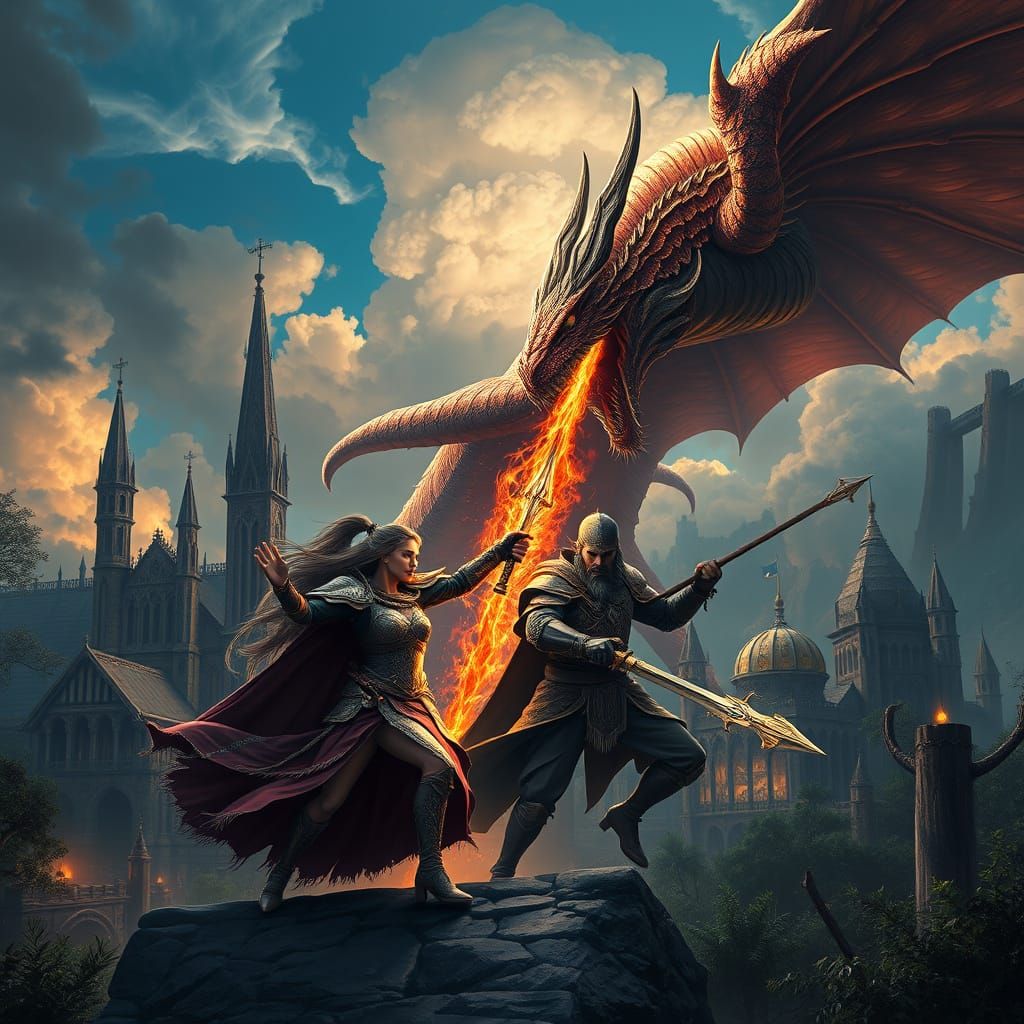 Epic Fantasy Warriors Battle a Fire-Breathing Dragon in a Me...