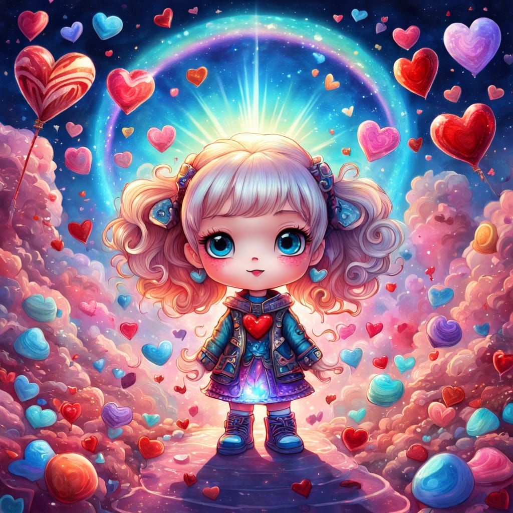 Whimsical Saint Valentine Chibi Hearts in Cosmic Holographic...