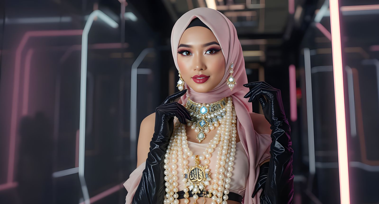 Futuristic Asian Woman with Pearl Body Chain