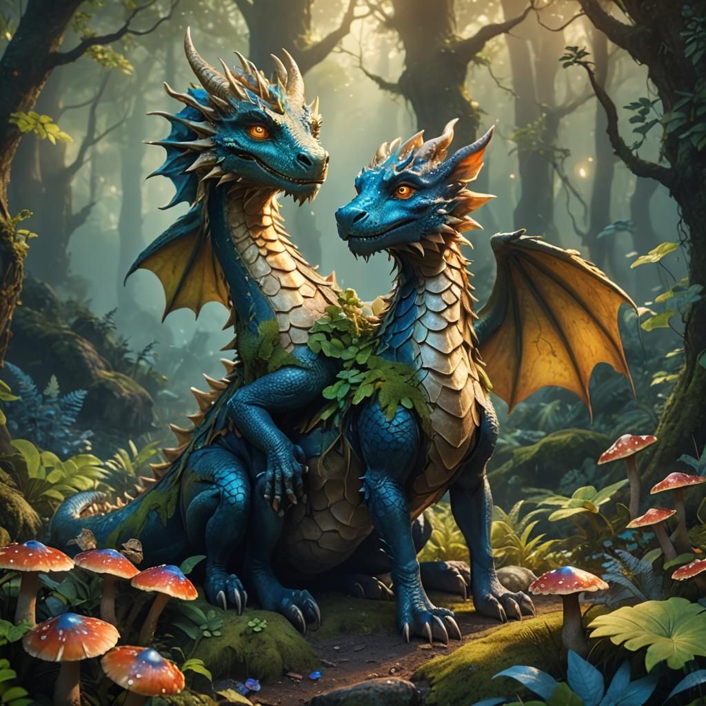 Dragon Hugs Dog in Mystical Forest
