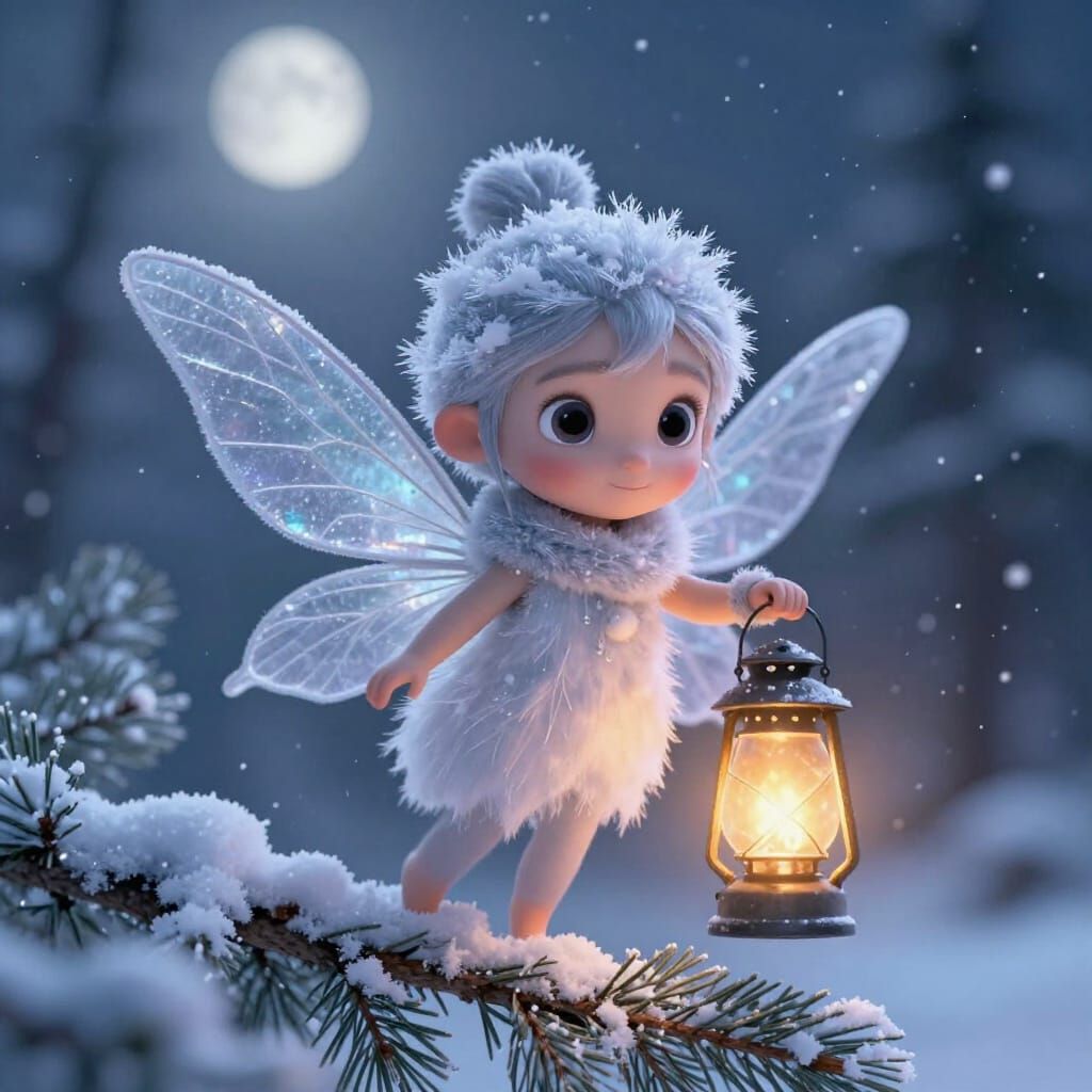 Snow Fairy Lantern Keeper in Winter Moonlight