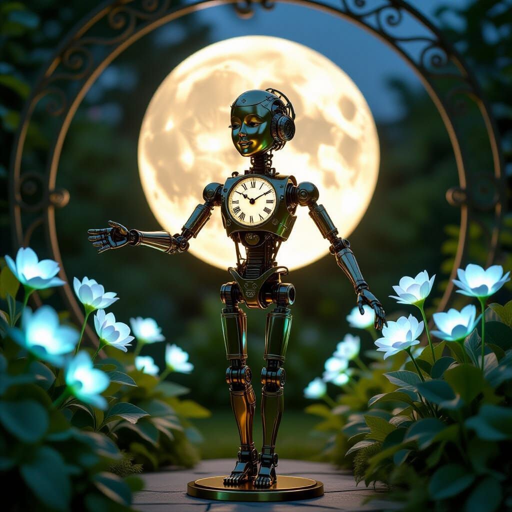 Elegant Brass Automaton in Moonlit Garden