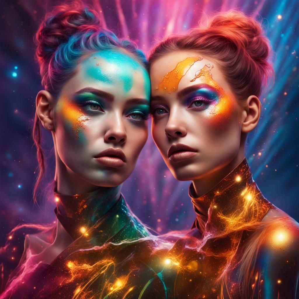 Intergalactic Girls with Makeup: Hyperrealistic Splash Art