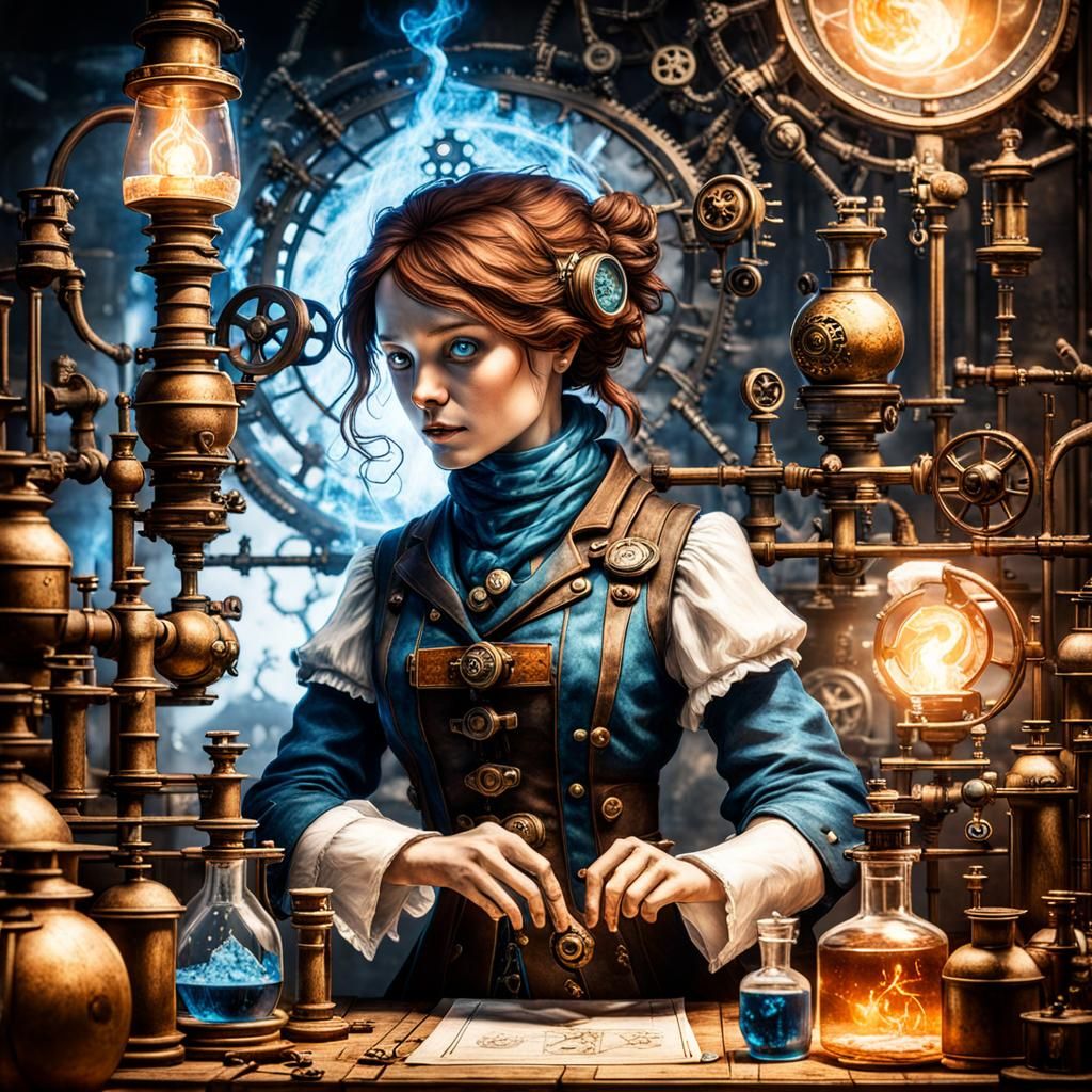 Steampunk Alchemist in Laboratory with Blue Fire