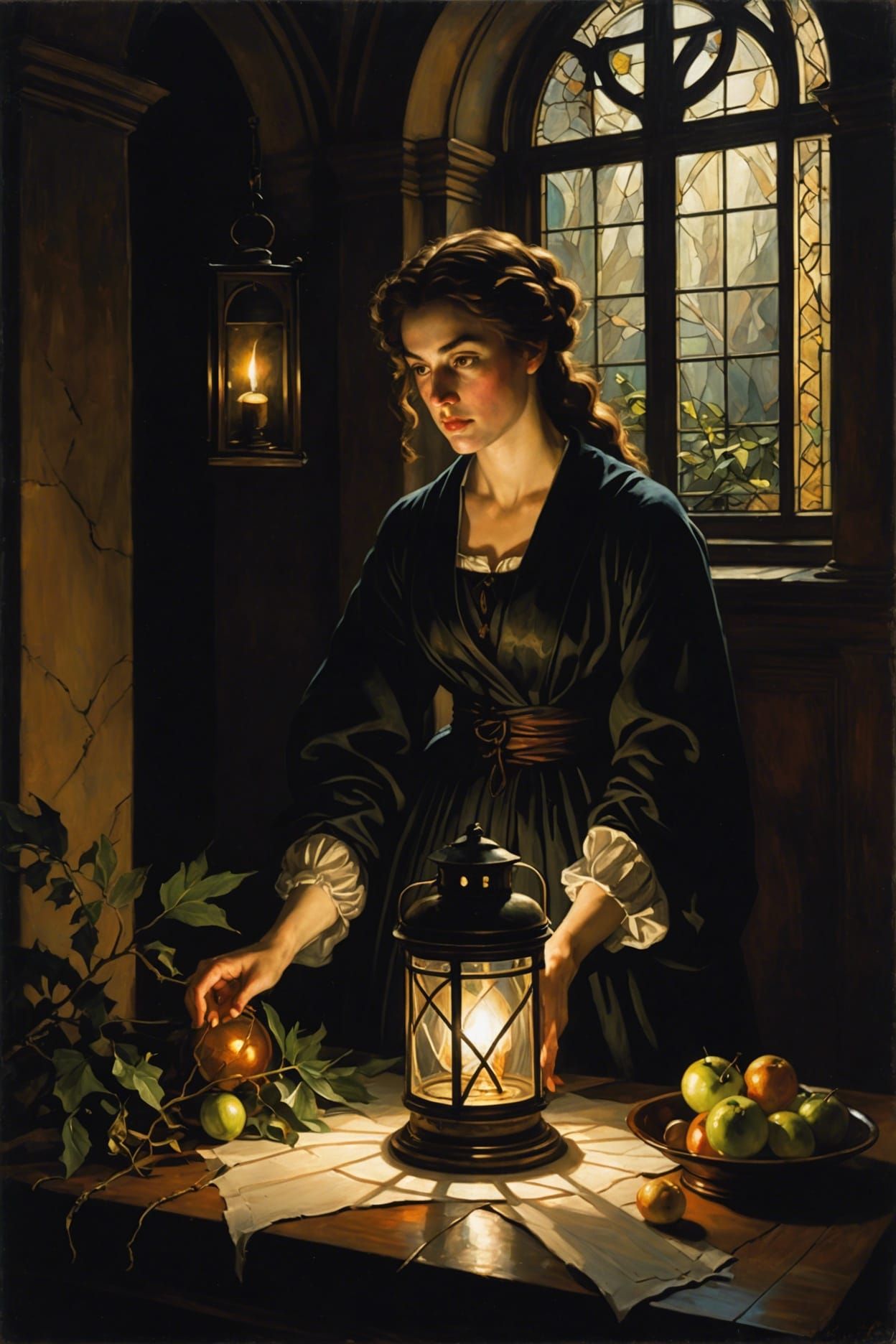 Woman with Lantern in Dark Cathedral Interior