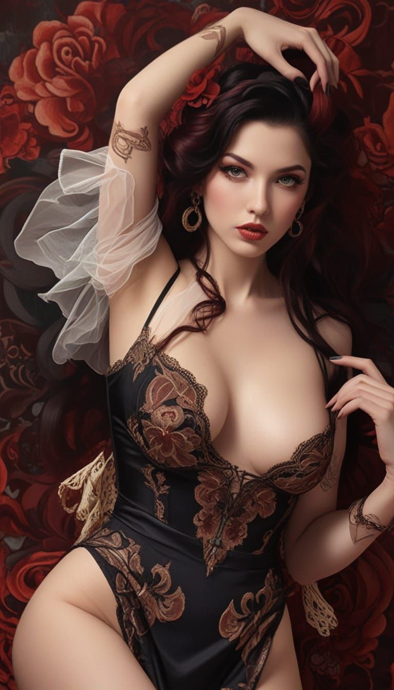 Vibrant Rockabilly Pin-Up in Art Nouveau Style