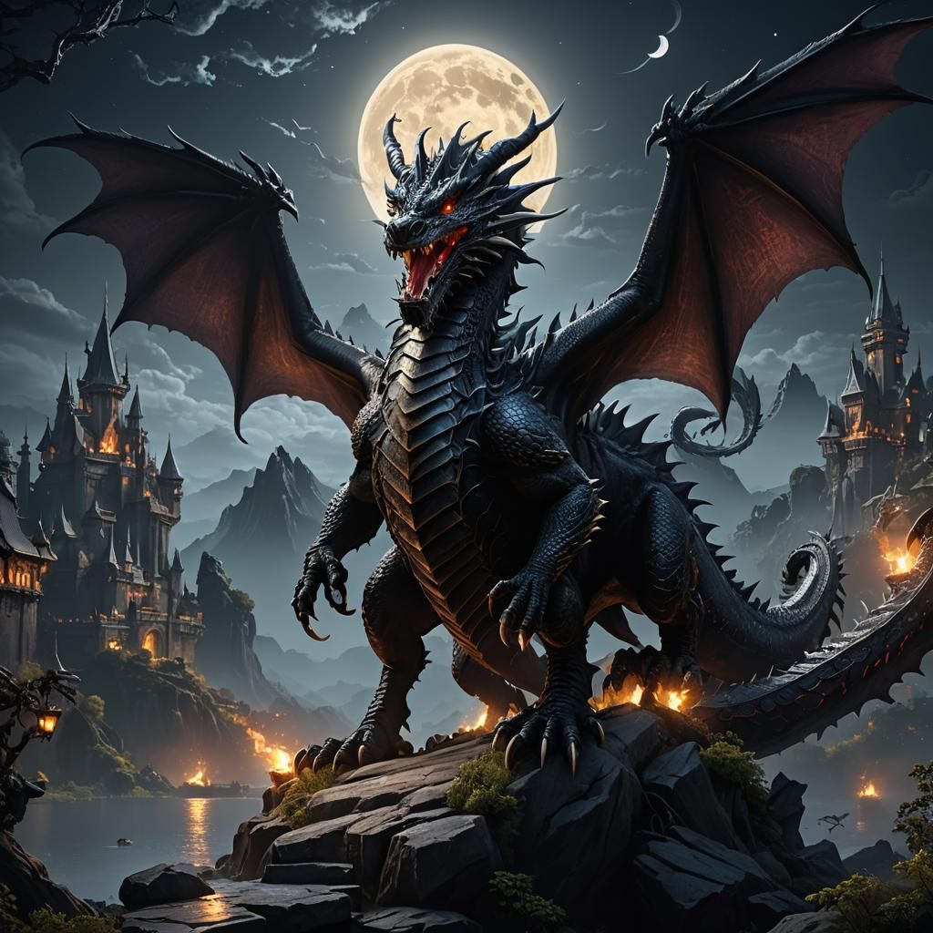 Majestic Black Dragon Under Moonlight: Detailed Matte Painti...