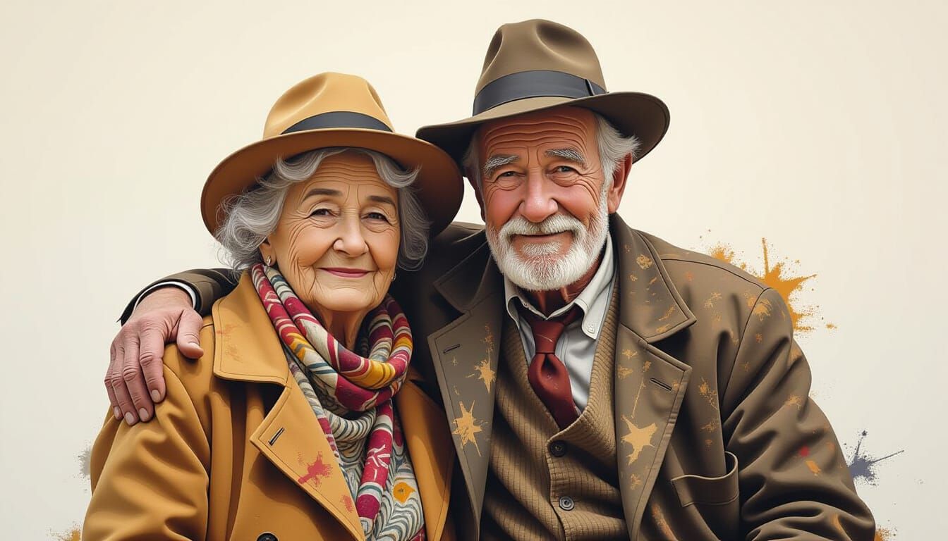 Elderly Bohemian Couple in Mixed Media Style
