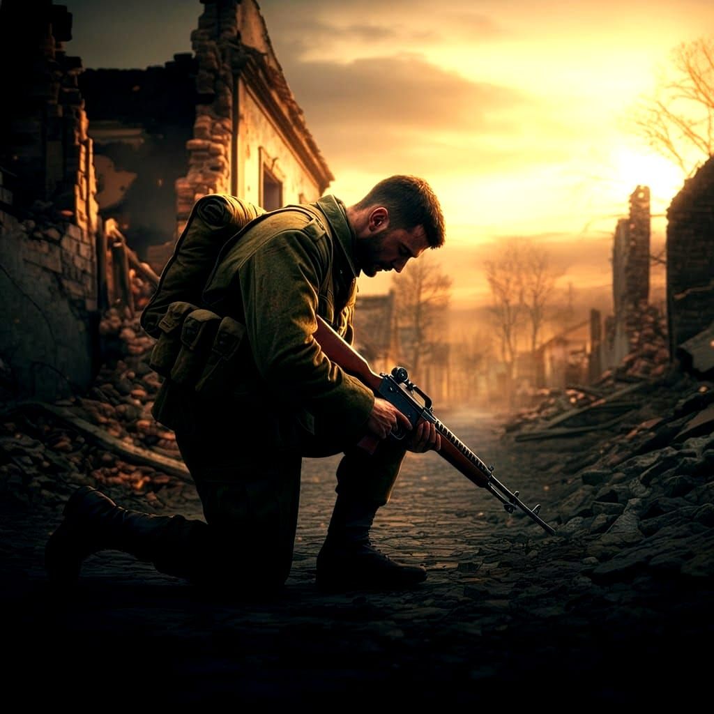 Photorealistic Soldier in War-Torn Village
