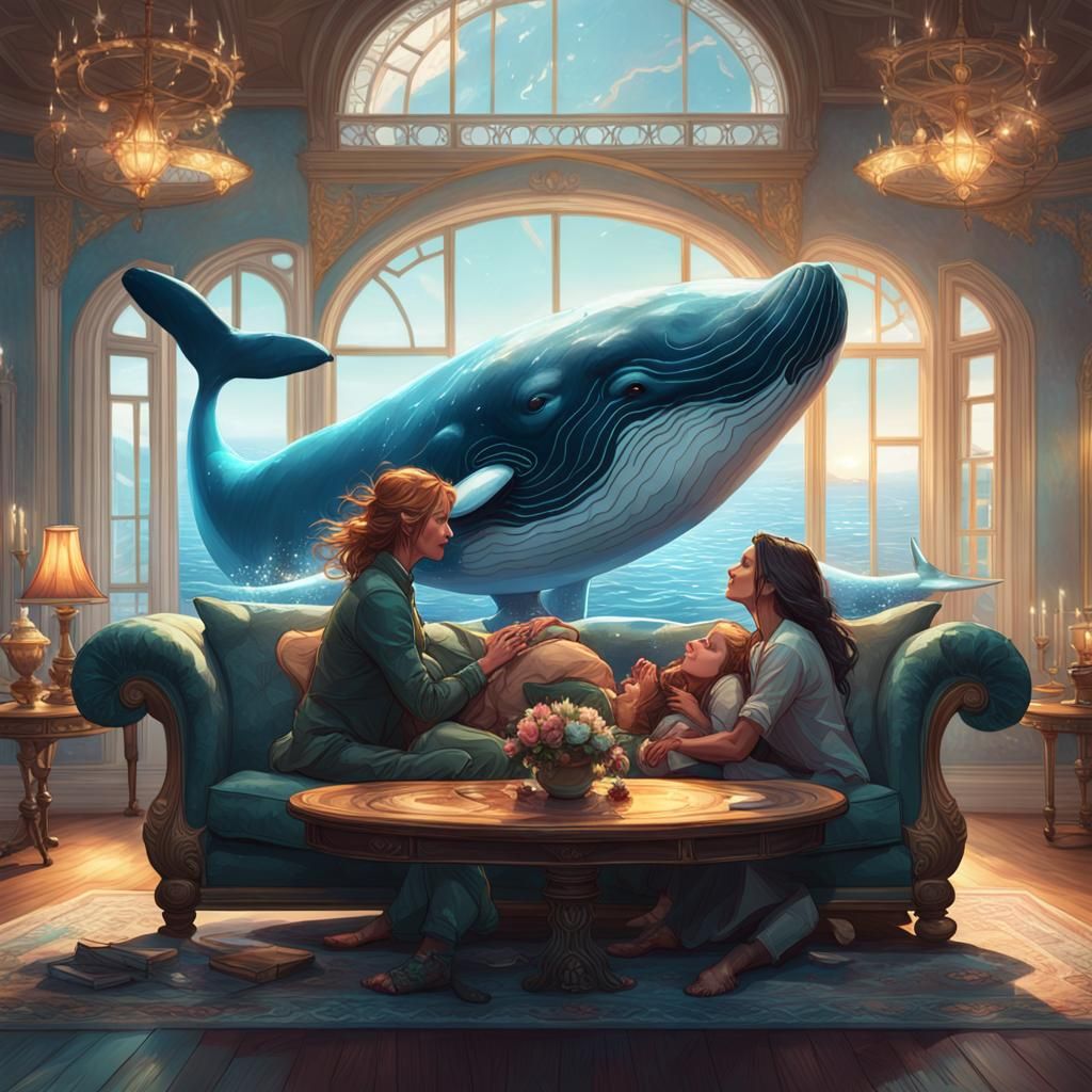 Kissing Women on Floating Sofa with Whale