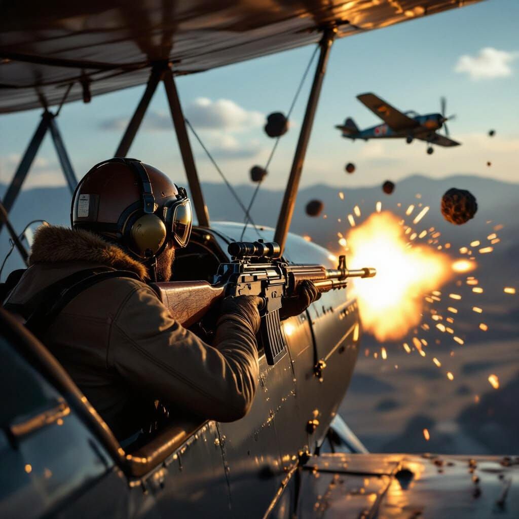 Vintage Biplane Pilot Dogfighting Enemy Aircraft