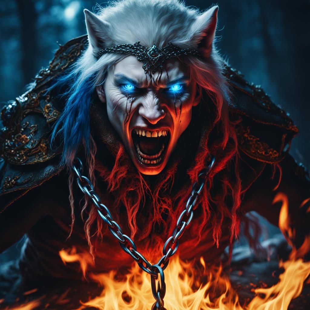 Terrifying White Wolf Bound in Chains: Norse Mythology