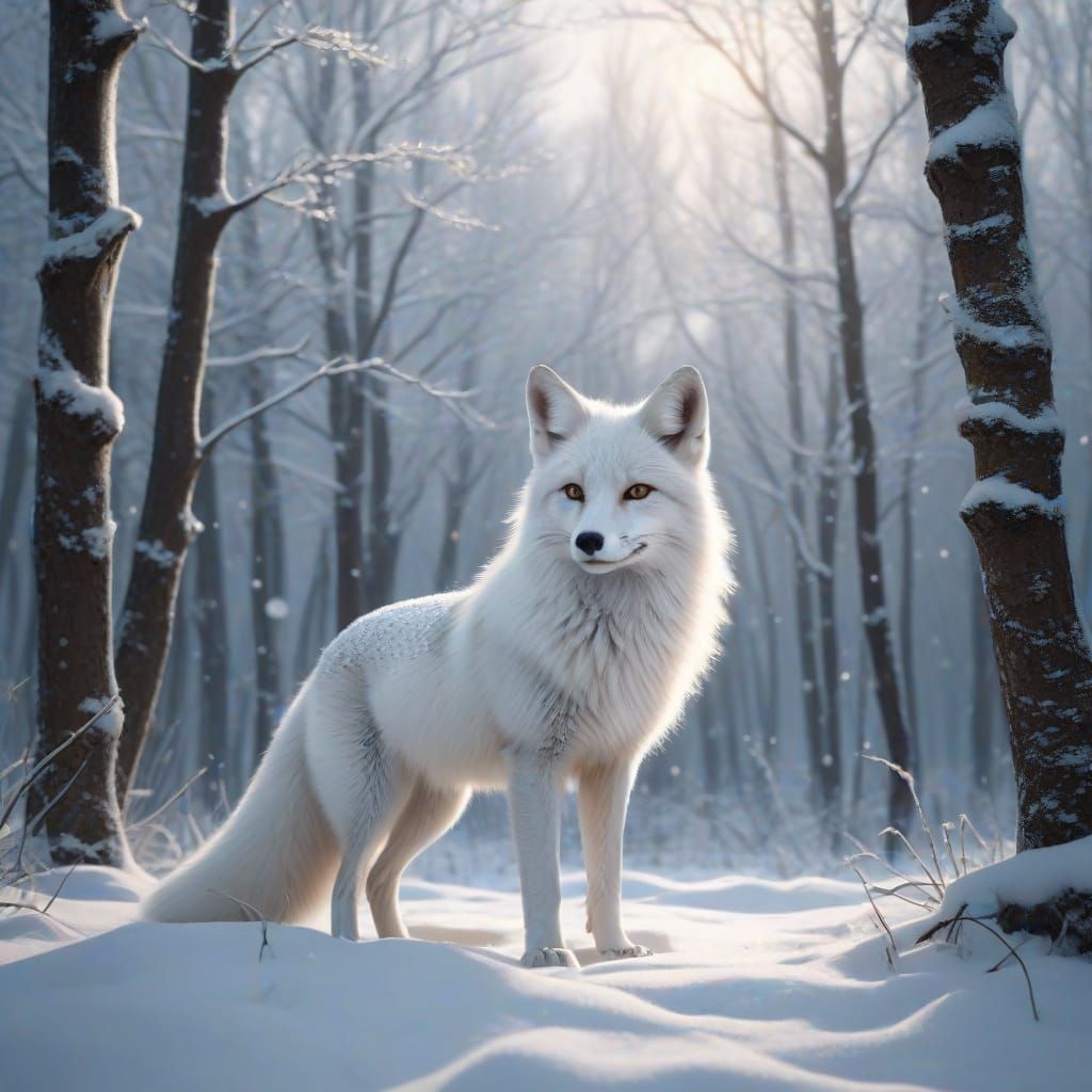 White Fox in Snowy Forest Digital Matte Painting