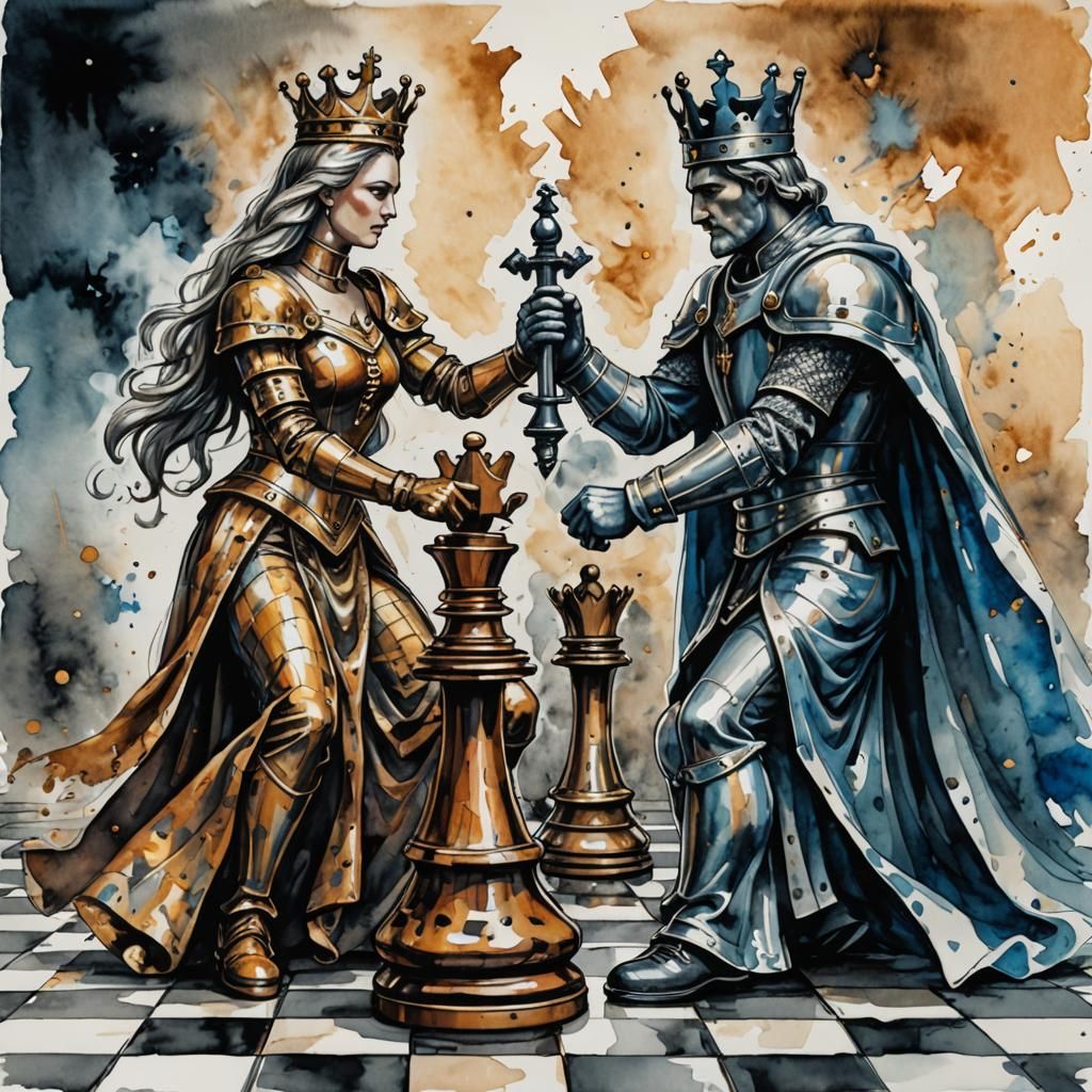 Chess King vs Queen: Surreal Watercolor Battle