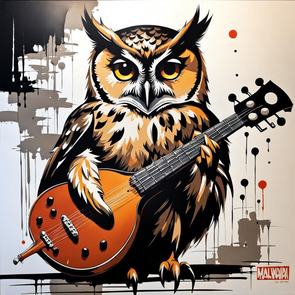 Sitar-Playing Owl in Detailed Ink Painting Style