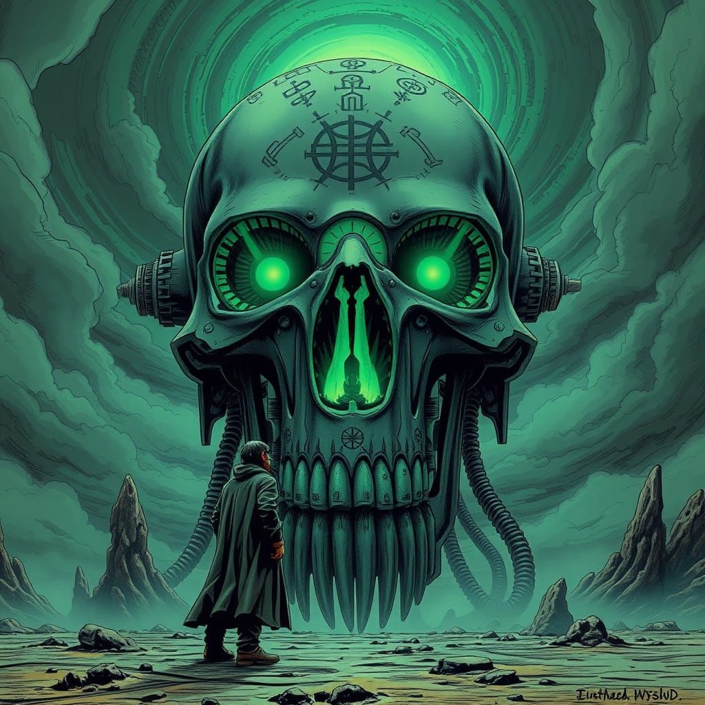 Biomechanical Skull in Alien Landscape: Dark Fantasy Art