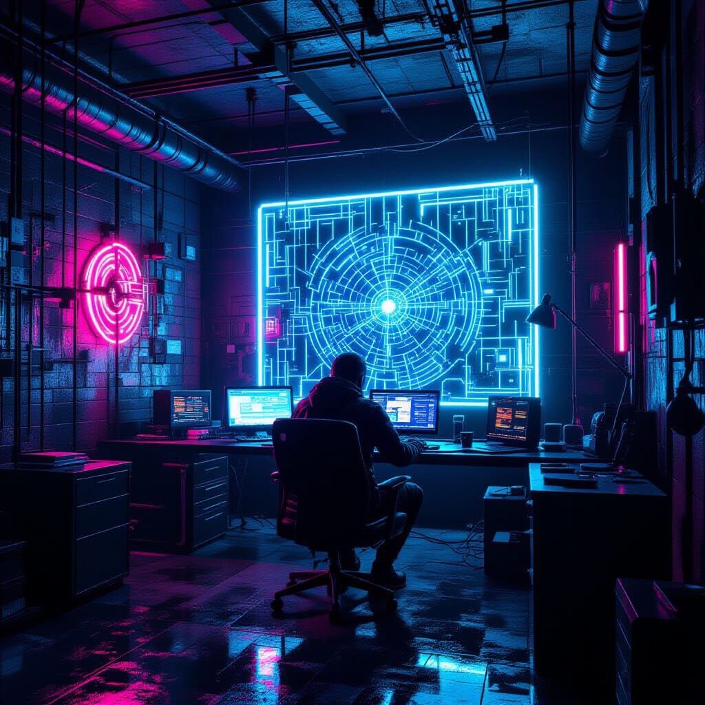 Cyberpunk Hacker in Neon Basement