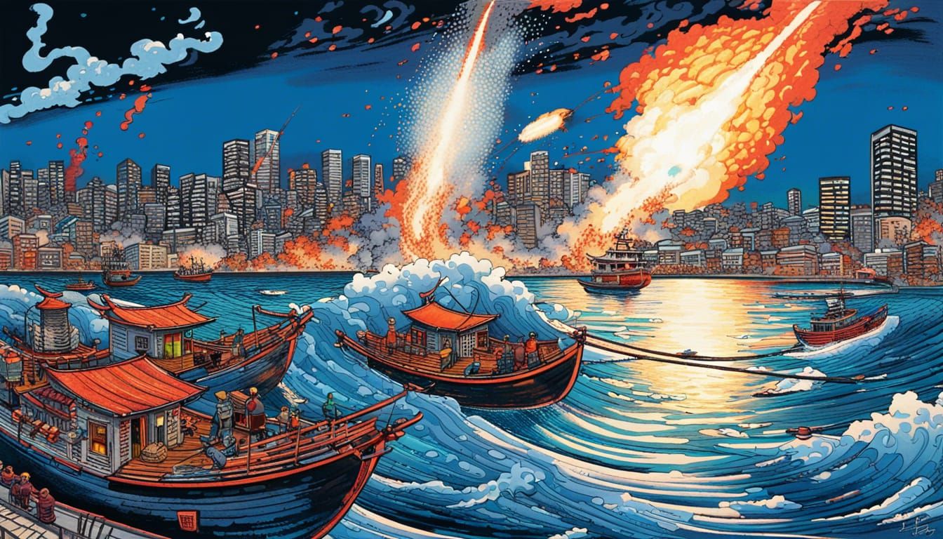 Rocket Launch in Korean City: Neo-Expressionist Art
