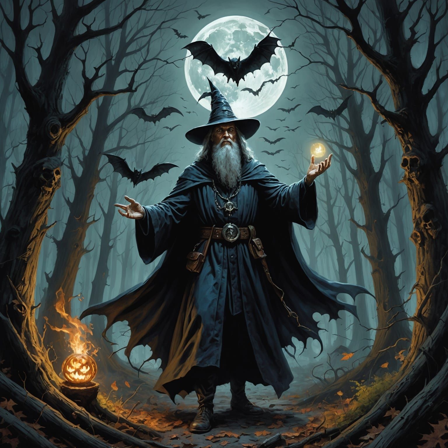 Wizard in Creepy Forest with Swirling Magic