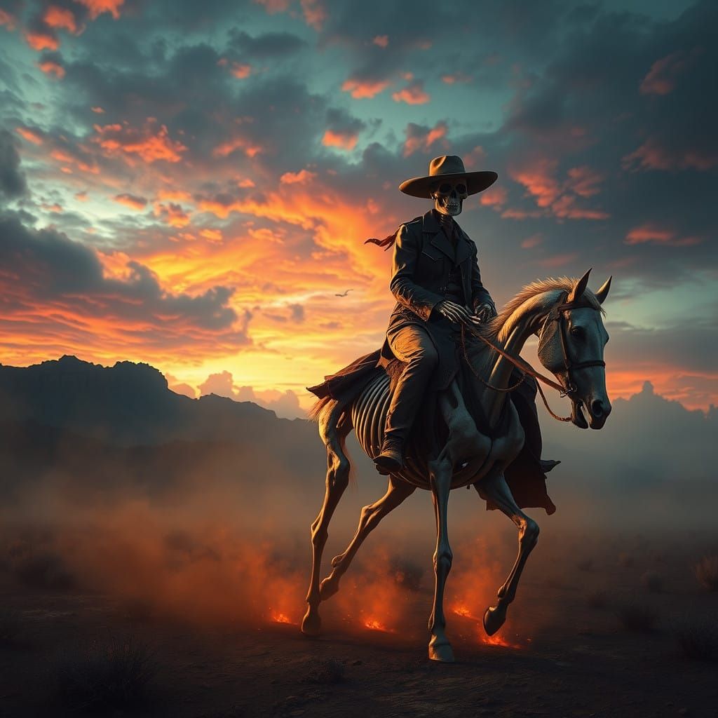 Majestic Skeleton Cowboy Rides Through a Haunting, Vibrant L...