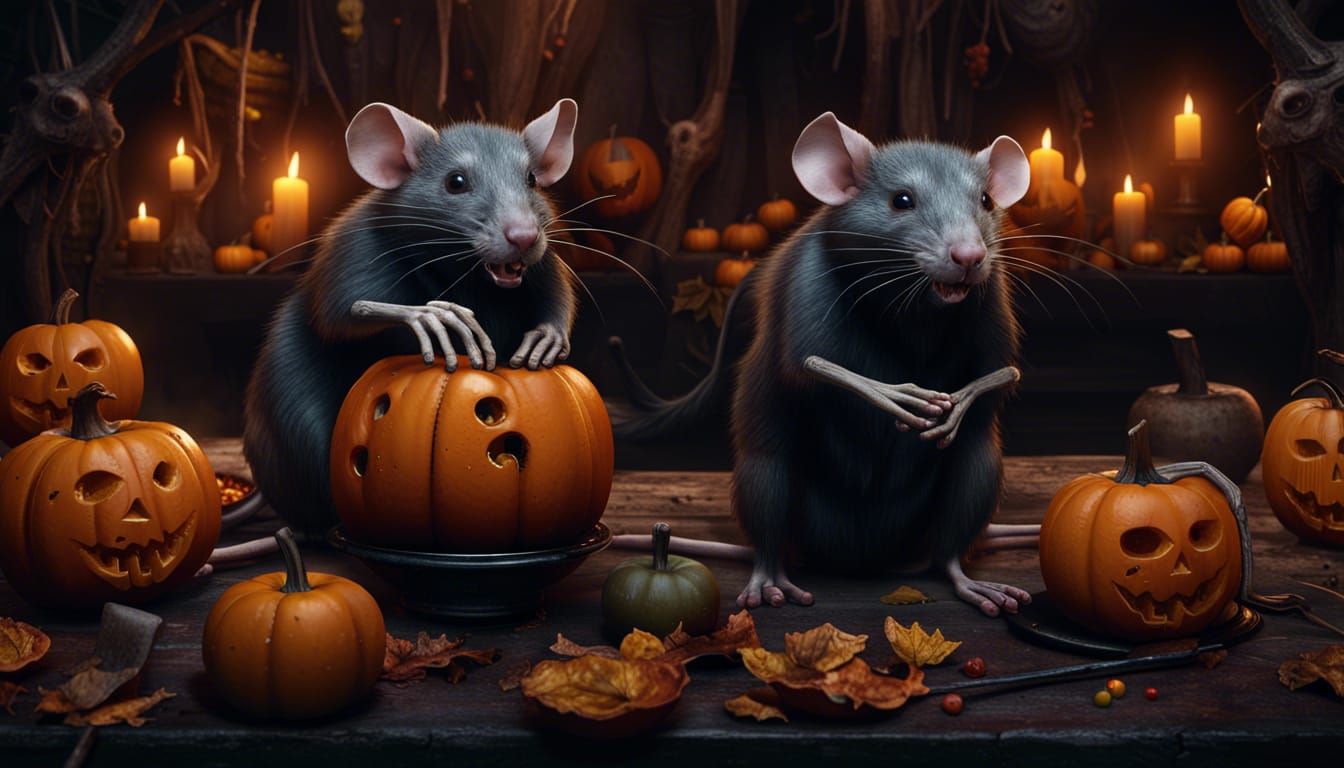 Rats Halloween Party with Pumpkins and Skeletons