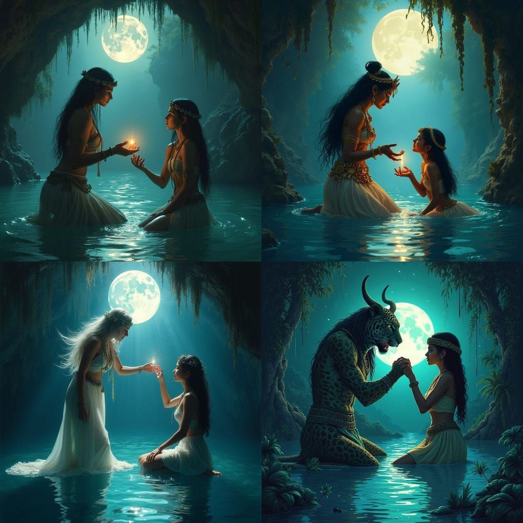 Mayan Goddess Ixchel Blesses Priestess in Moonlit Cenote