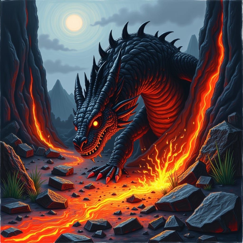 Young Black Dragon Consumes Lava