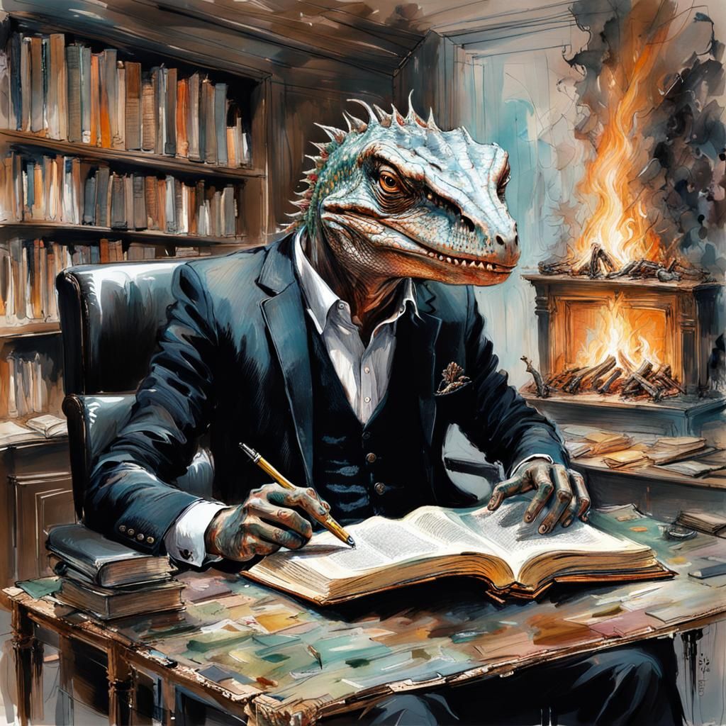 Lizard Reading Dinosaur Book in Cozy Office