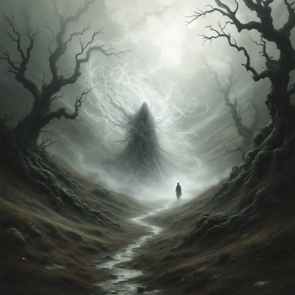 Ethereal Mist Envelops a Lone Figure in a Dreamlike Landscap...