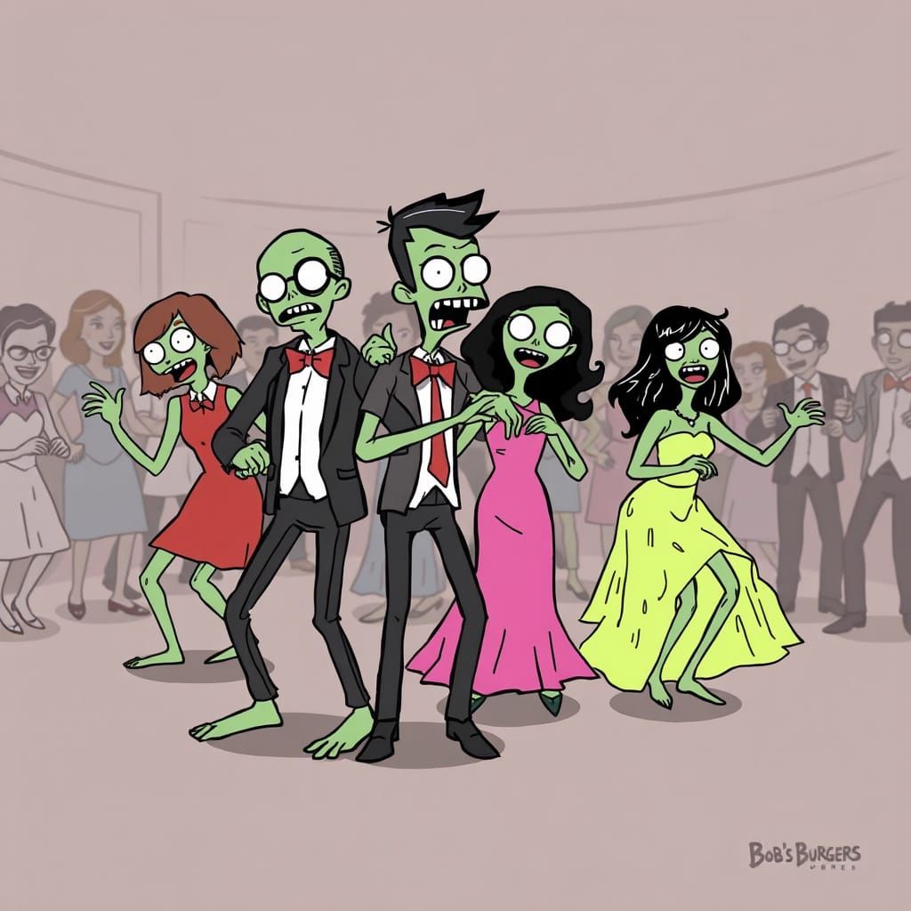 Zombie Prom Characters Dancing in Handdrawn Style