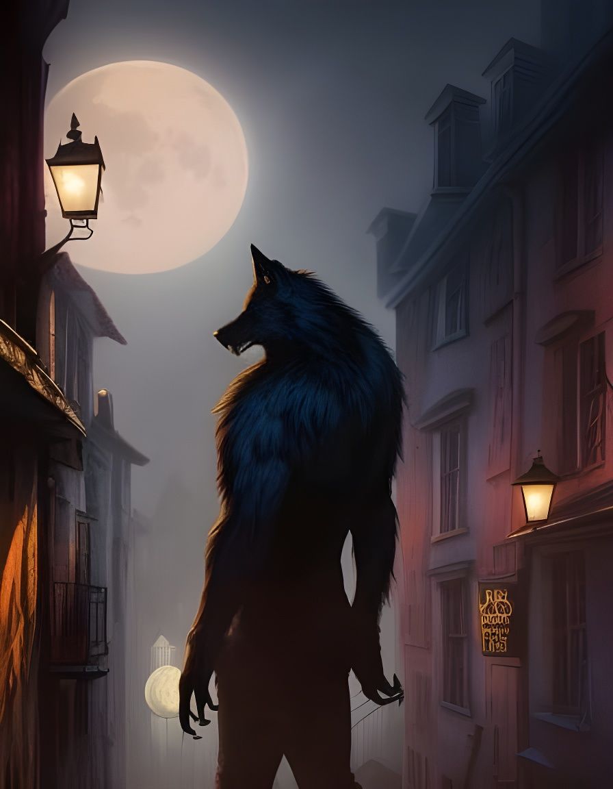 Werewolf in a Foggy City Alley at Twilight
