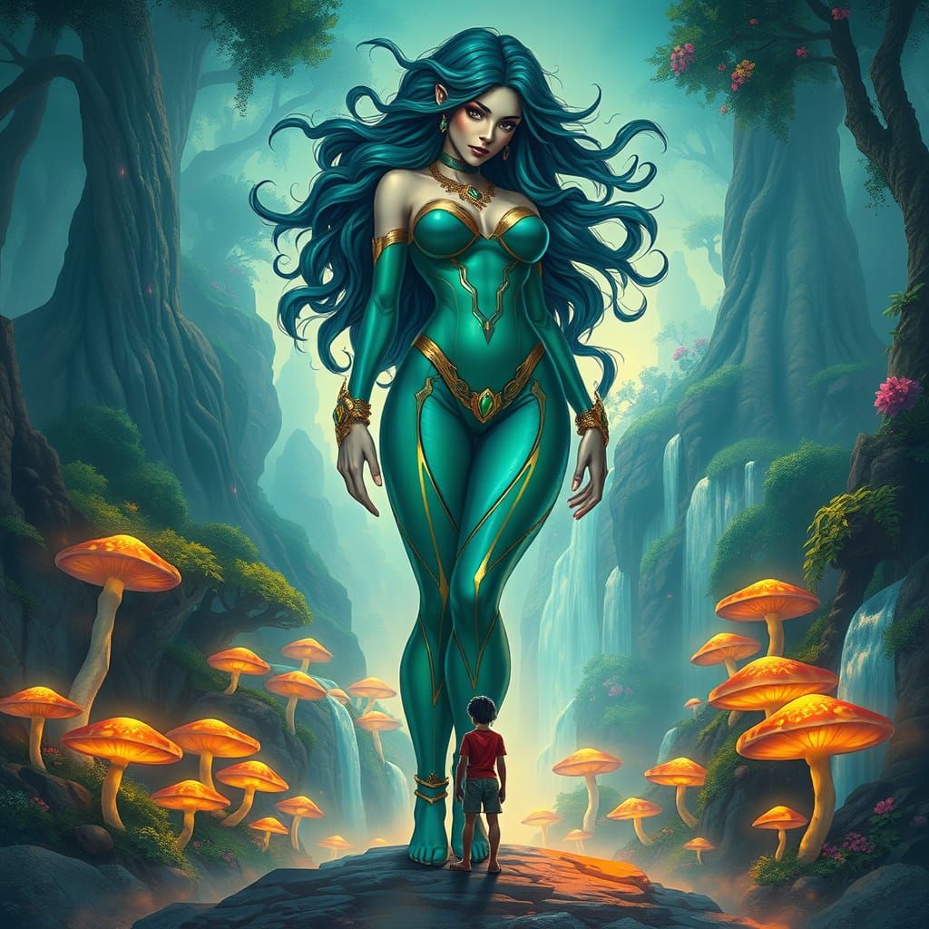 Giant Goddess Towers Over a Tiny Human in a Fantastical Land...