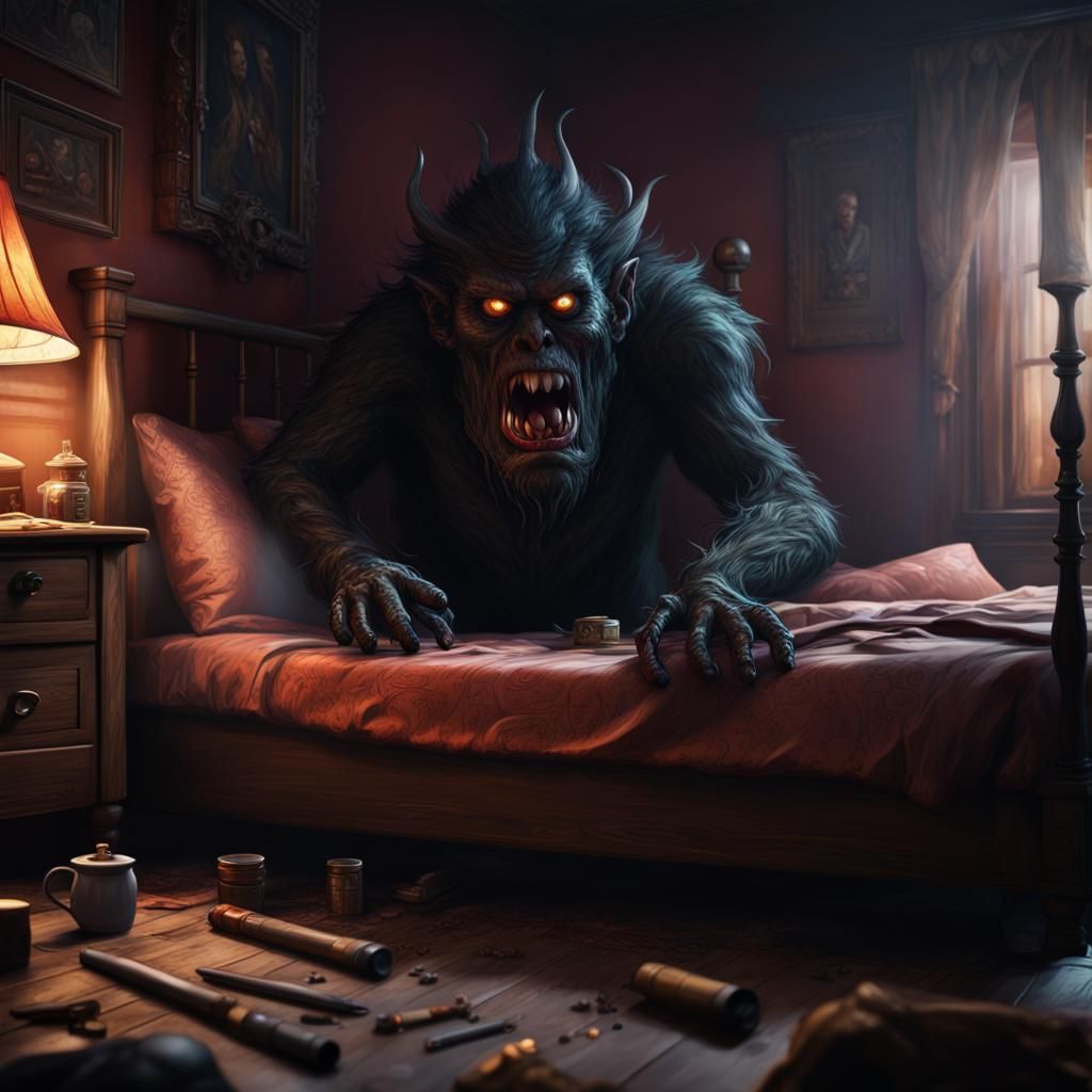 Monster Under Bed Smoking: Detailed Matte Painting