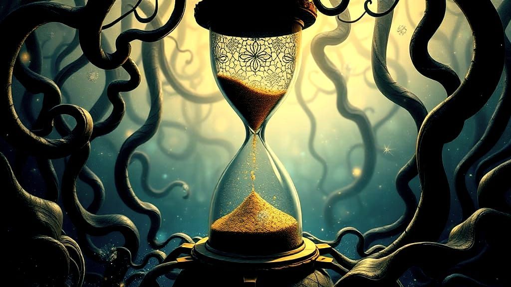 Surreal Close-up of an Hourglass in a Forest with Shifting S...