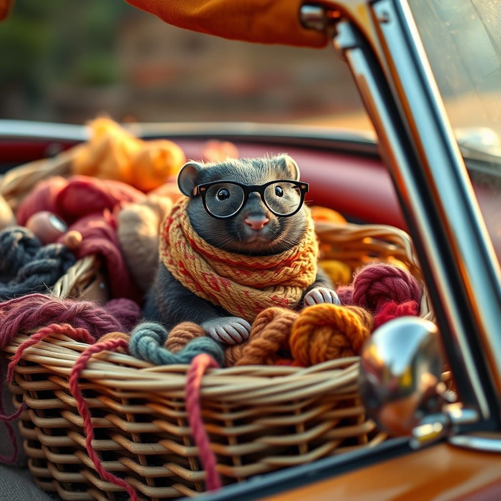 Star-Nosed Mole in Vintage Convertible with Colorful Wool