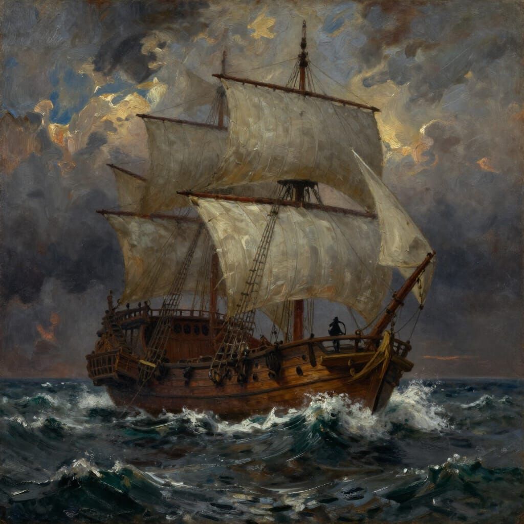 Majestic Frigate in Epic Oil Painting Storm