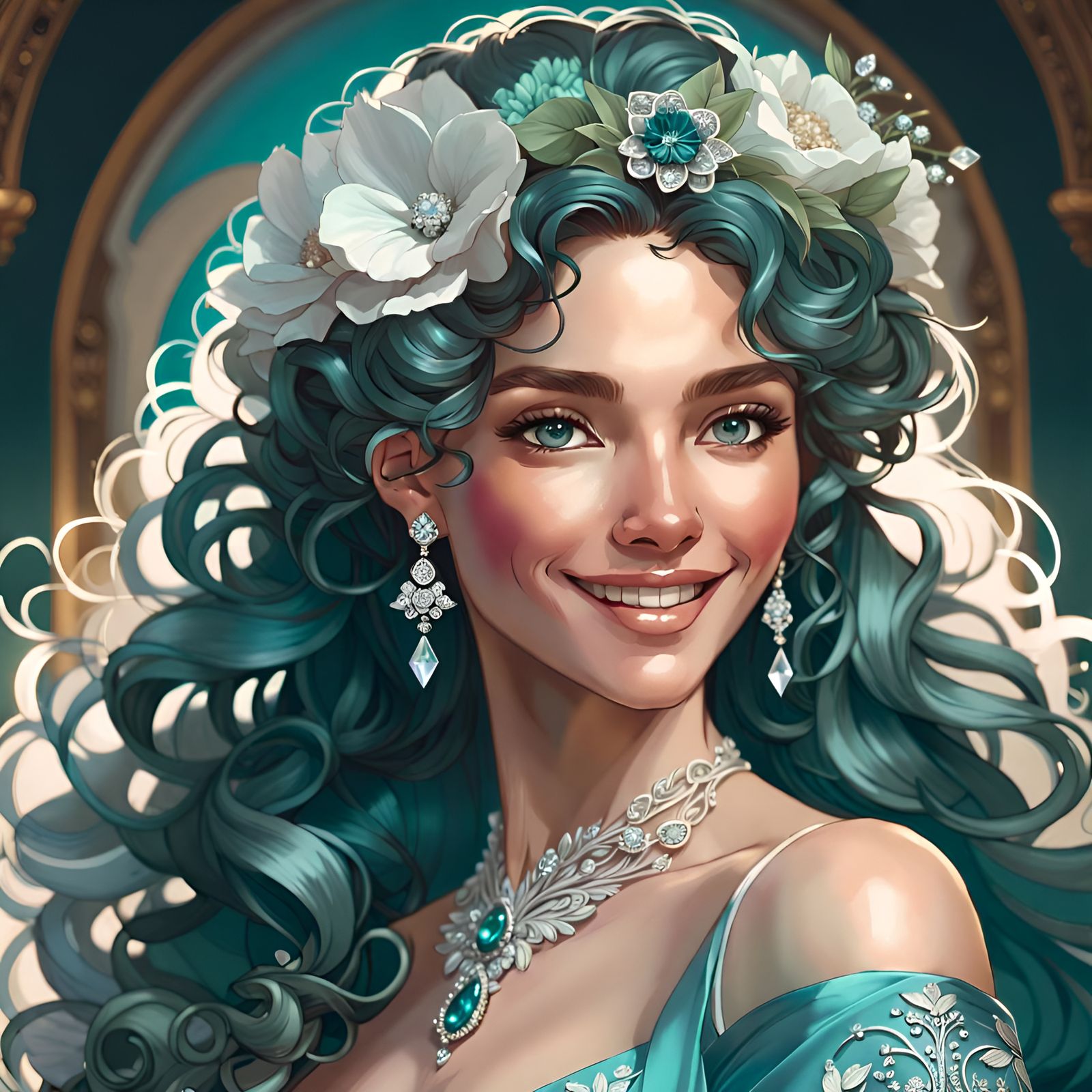 Radiant Bride in Teal Wedding Gown, Hyperdetailed Portrait