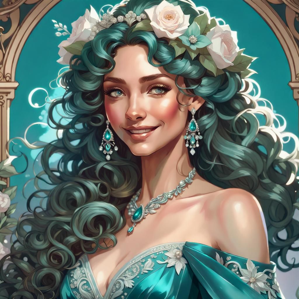 Happy Bride in Teal Dress: Hyperdetailed Portrait