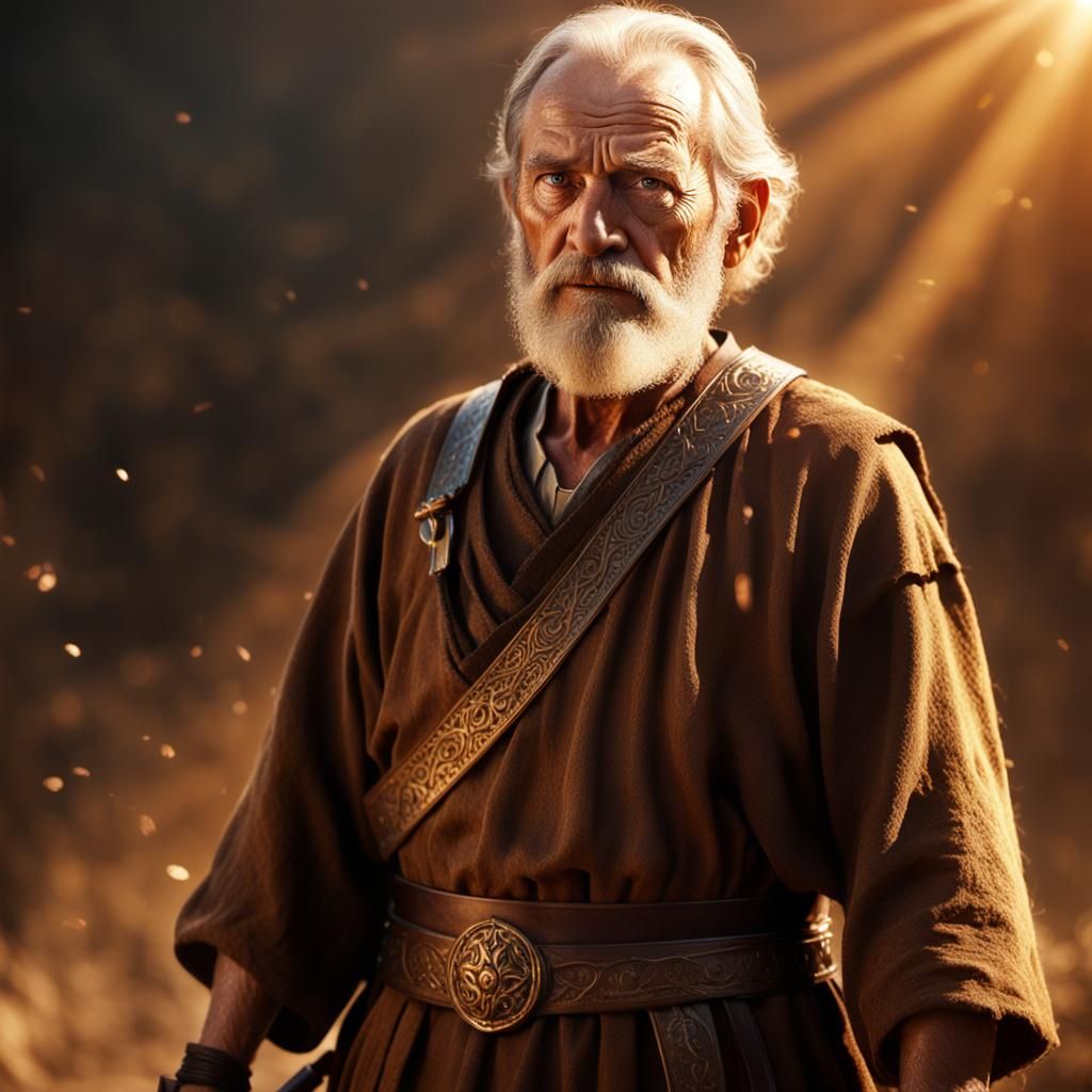 Heroic Old Man with Sword in Golden Light